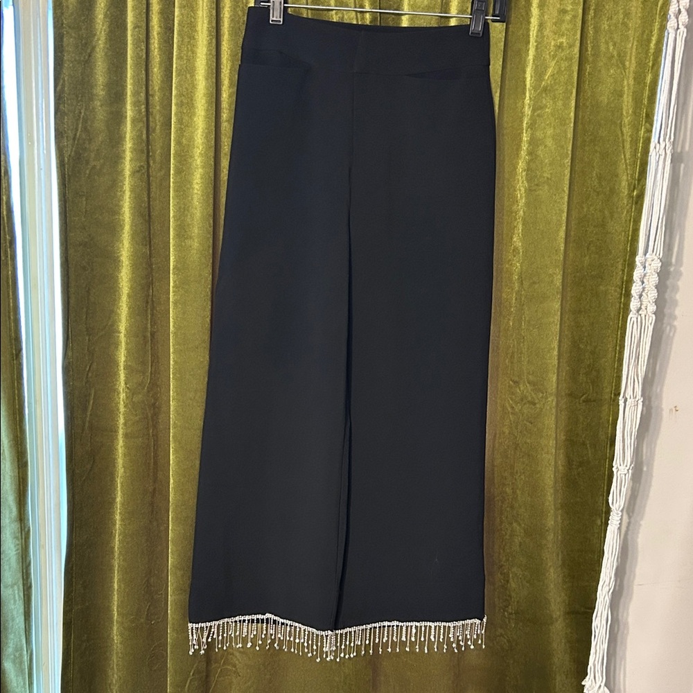 Versona Black Wide-Leg Pants with Rhinestone Fringe Hem